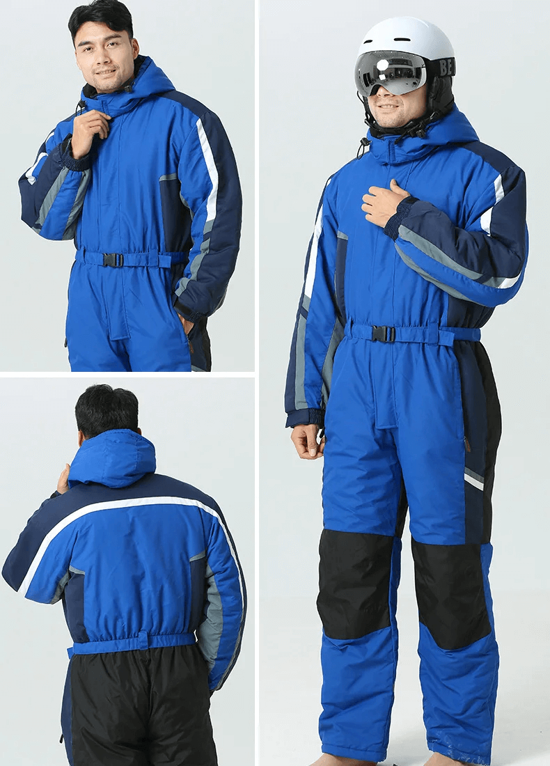 Men's waterproof ski jumpsuit SF2052, fleece-lined, blue-black, showcasing front, back, and hooded design.